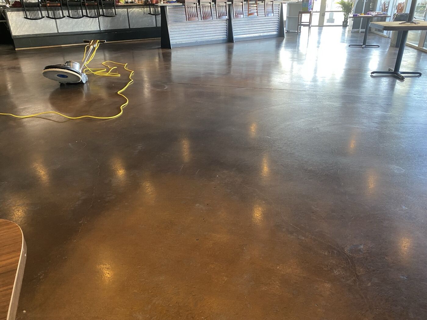 Polished restaurant concrete floor with Timla buffer on site